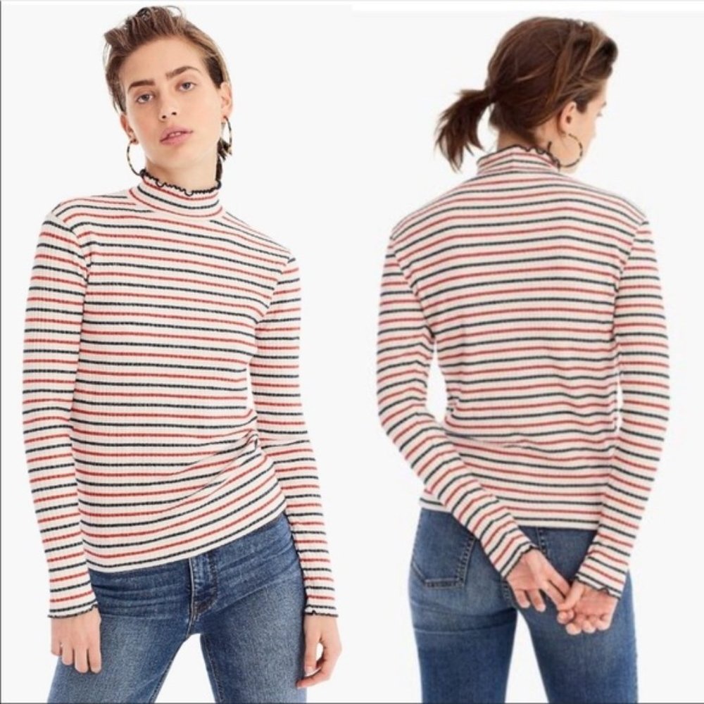 J. Crew Striped Ribbed Mockneck Cotton-Knit Top